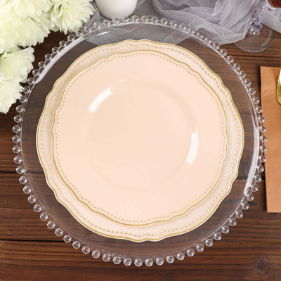 10-Pack Plastic 10" Dinner Plates in Nude with Gold Scalloped Rim - Disposable Large Party Plates