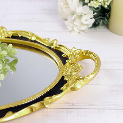 Resin Mirrored Vanity Oval Serving Tray 14"x10" in Black with Metallic Gold Baroque Design, Stylish Decorative Vanity Tray Centerpiece