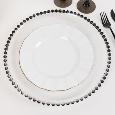6-Pack Acrylic Round Charger Plates 13" in Clear with Black Beaded Rim, Decorative Dinner Party Charger Tableware
