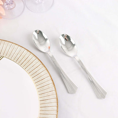 25-Pack Plastic Spoons Silver Heavy Duty with Fluted Handles - Reliable Disposable Cutlery 7"