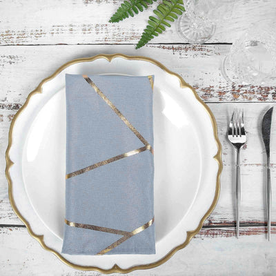 5 Pack Polyester 20"x20" Napkins Dusty Blue with Gold Geometric Foil Pattern - Modern Reusable Dinner Napkins