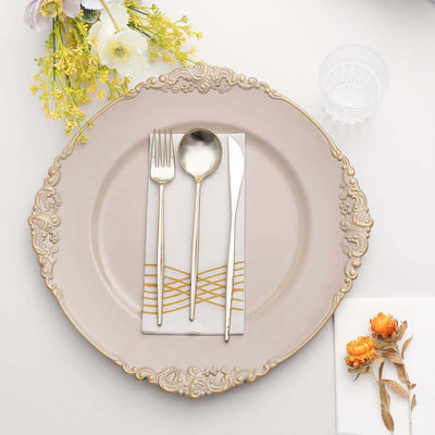 6-Pack Acrylic Round Charger Plates 13" in Nude Taupe with Gold Embossed Baroque Rim, Antique Decorative Dinner Party Charger Tableware