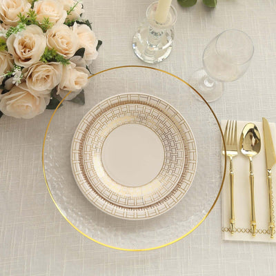 25-Pack Paper 9" Round Dinner Plates in White with Gold Basketweave Rim - Disposable Party Plates for Stylish Soirées & Festive Brunches