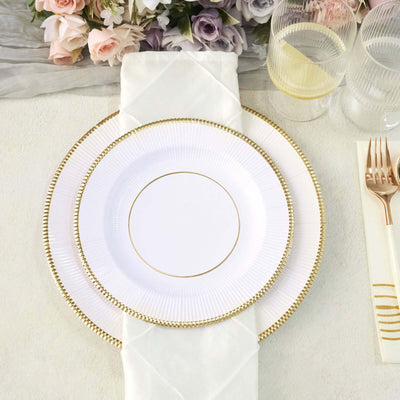25-Pack Paper 8" Round Dessert Plates in White Sunray Design with Gold Rim - Disposable Heavy Duty 350GSM Appetizer Salad Plates for Banquets & Celebrations