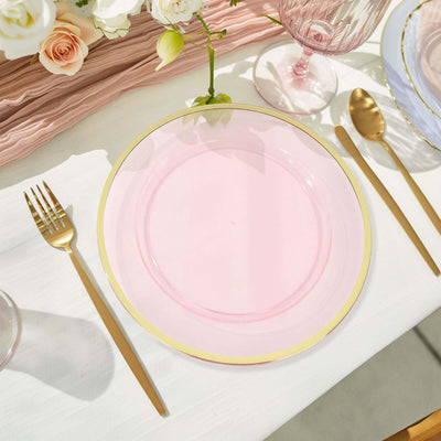 10-Pack Economy Plastic Round Charger Plates 12" in Transparent Blush with Wide Gold Rim, Decorative Dinner Party Serving Plates