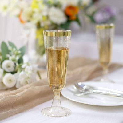 12-Pack Plastic Champagne Flutes Clear Gold Glittered with Gold Rim - Stylish Disposable Cocktail Glasses for Parties 6oz 6"
