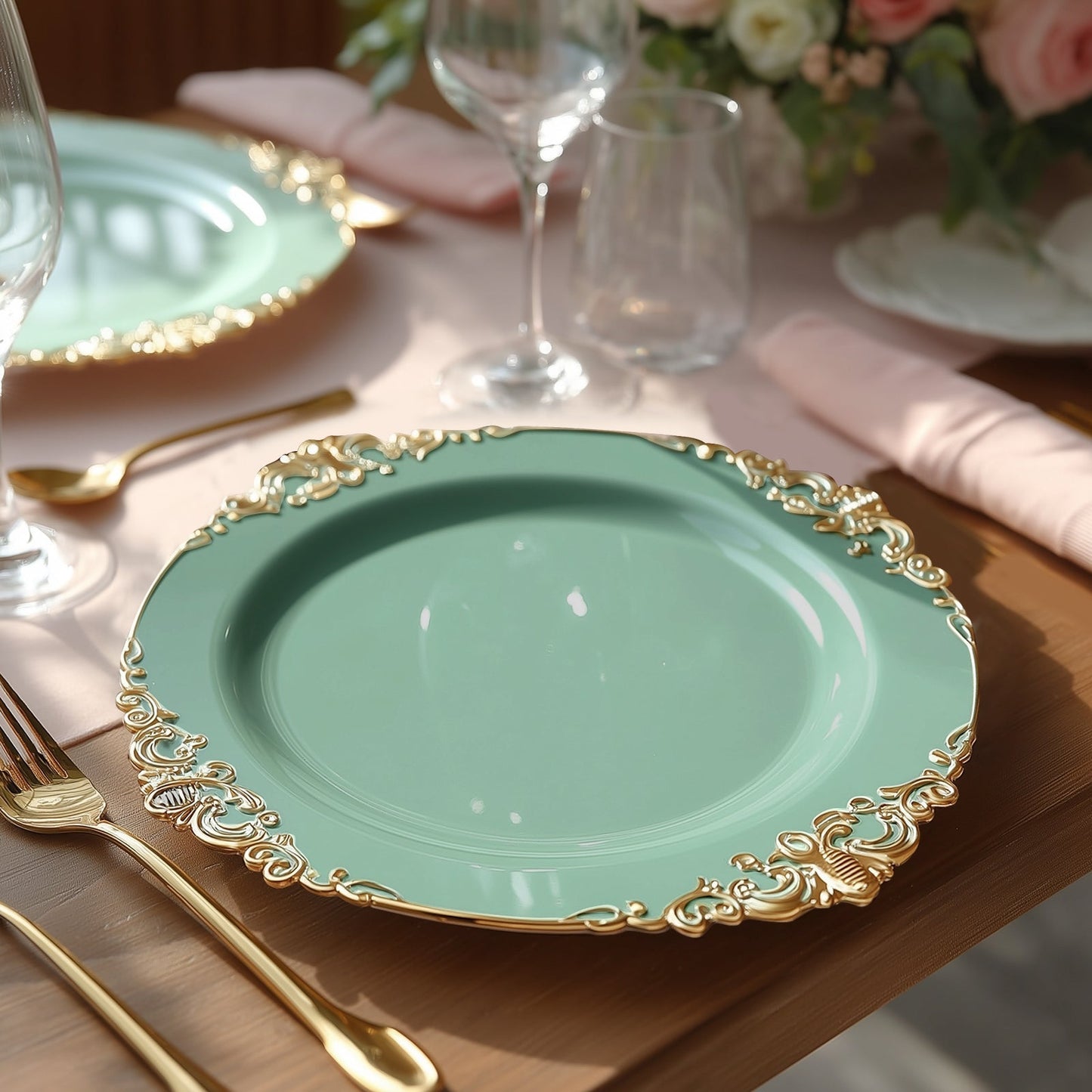 20-Pack Economy Plastic Round Charger Plates 13" in Dusty Sage Green with Gold Embossed Baroque Rim, Stylish Dinner Party Serving Plates