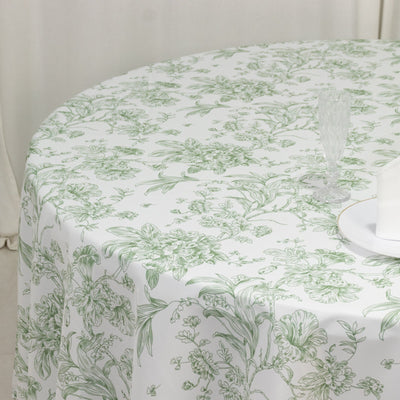 Polyester 108" Round Tablecloth White - Dusty Sage Green French Toile Pattern for Chic Weddings
