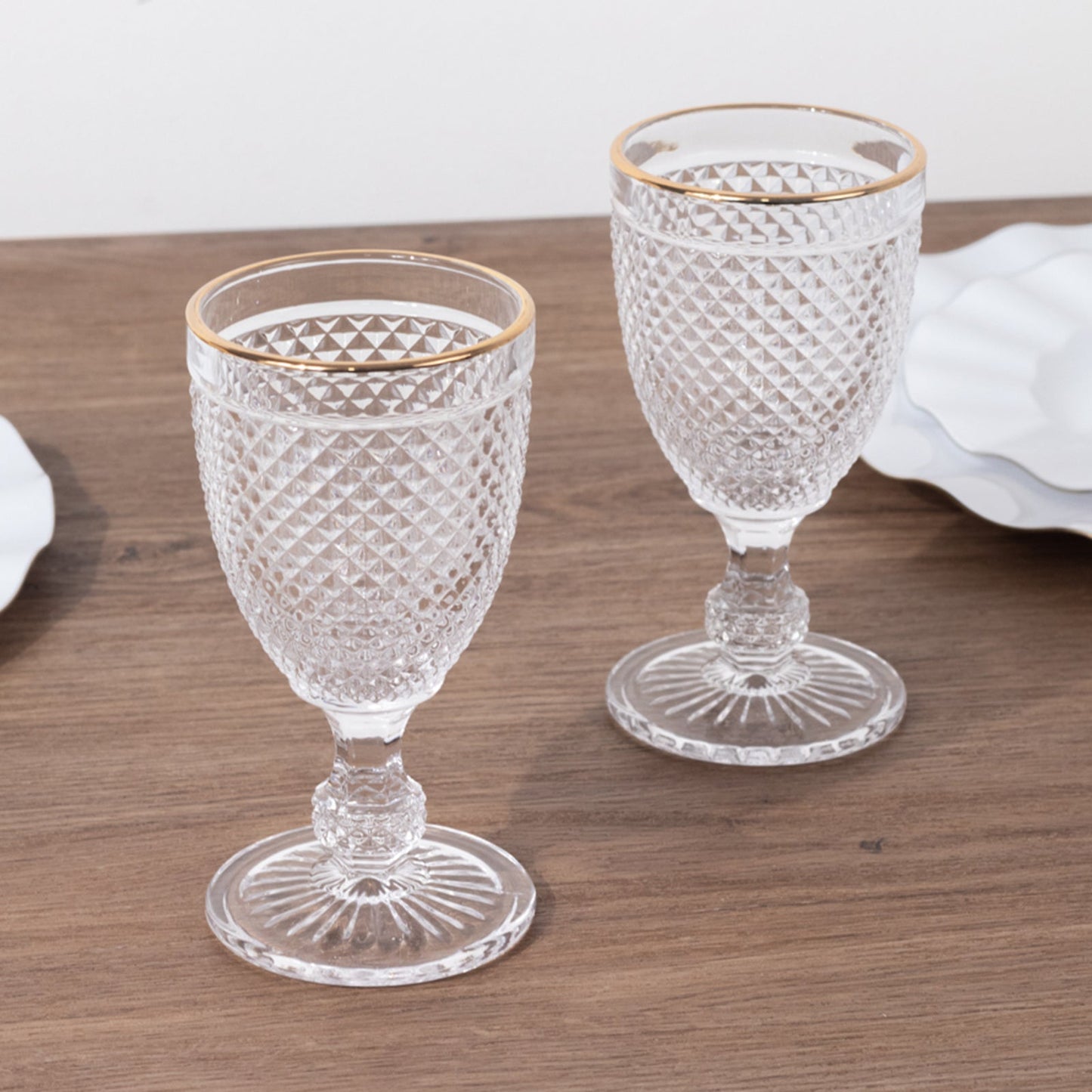 6-Pack Vintage Wine Glasses with Gold Rim and Embossed Diamond Pattern Clear - Crystal 8oz Short Stem Goblets for Cocktails 6"