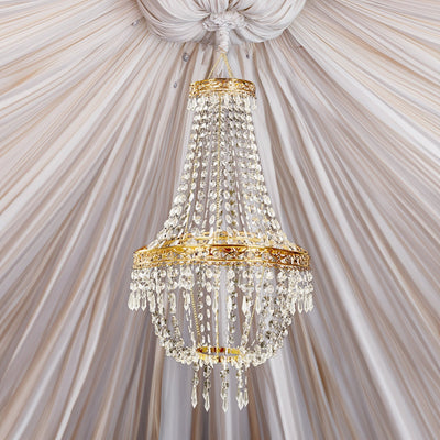 5ft Empire Style Beaded Crystal Chandelier with Gold Ornate Metal Frame, Adjustable Hanging Farmhouse Pendant Ceiling Lighting