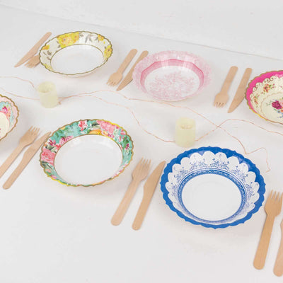 24-Pack Paper Dessert Bowls Vintage Mixed Floral Design Round - Ideal for Parties and Salads 7" 300 GSM
