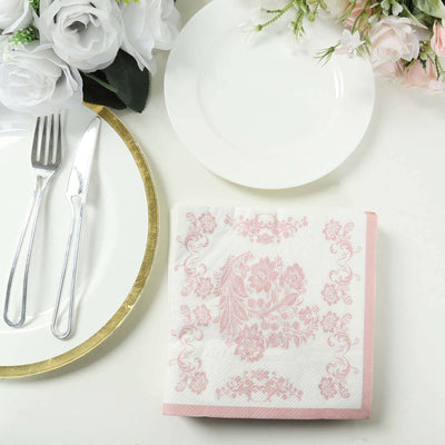 50 Pack 2-Ply Paper Beverage Napkins in White Matte Pink Damask Floral Pattern, Disposable Cocktail Napkins - Highly Absorbent & Soft