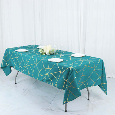 Polyester 60"x102" Rectangle Tablecloth Teal with Gold Foil Geometric Pattern - Wrinkle-Resistant & Durable Table Cover