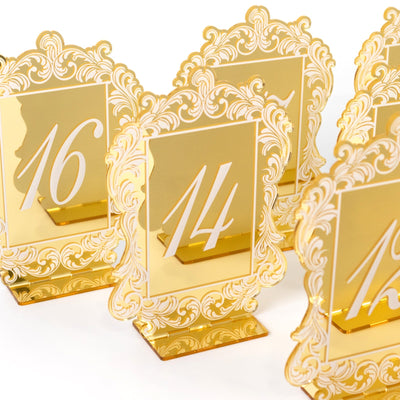 Gold Mirror Arch Acrylic Table Numbers (11-20) - 5"x7" Wedding Reception Signs with Baroque Lace Border, White Print & Stands