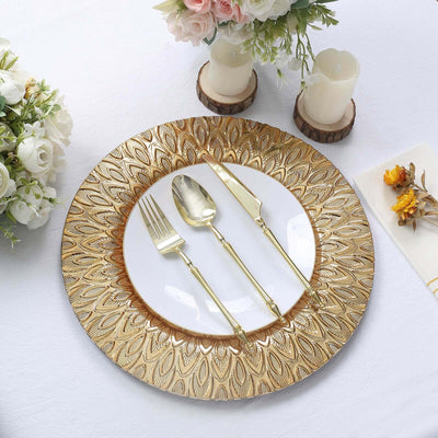 6-Pack Plastic Round Charger Plates 13" in Gold with Embossed Peacock Pattern, Stylish Disposable Charger Tableware