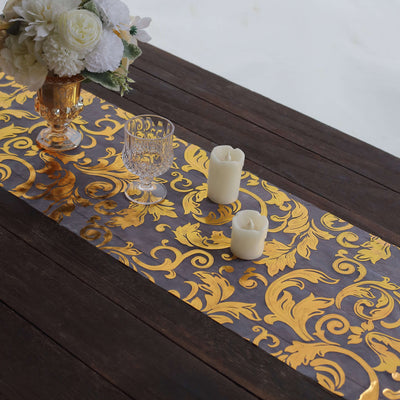 Sheer Organza 12"x108" Table Runner Roll Metallic Gold Foil Floral Swirl Design - Disposable Stylish Event Decoration