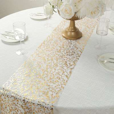 5 Pack Organza Mesh 11"x108" Table Runner Rolls White with Gold Foil Leaf Vines - Disposable Stylish & Chic Table Decor