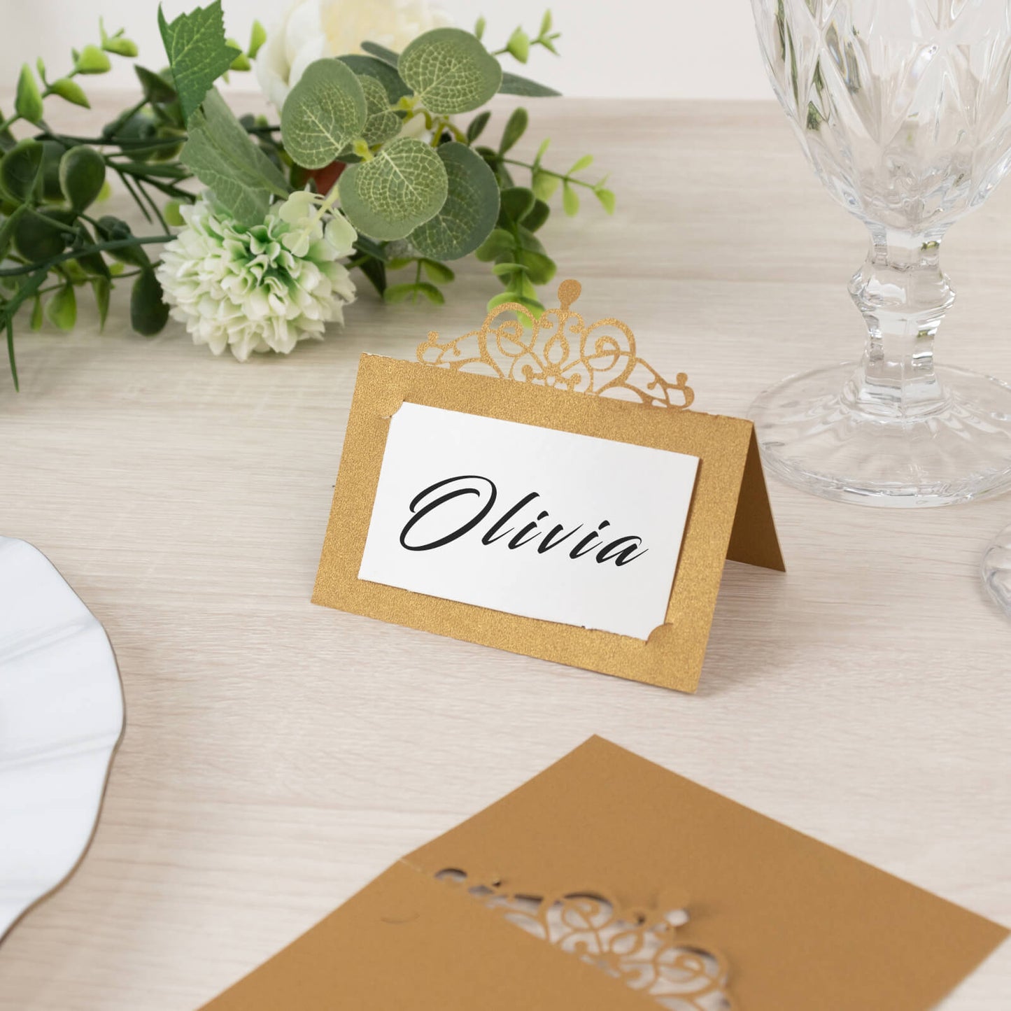 50-Pack Gold Place Cards with Laser Cut Crown Design – Printable Reservation Seating Self Standing Cards - 2"x4"