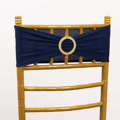 5 Pack Spandex Chair Sashes Navy Blue with Gold Rhinestone Buckles - Reusable Four-Way Stretch Sash Bands 5"x14"