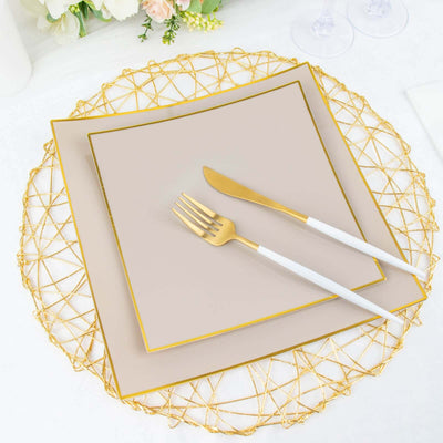 10-Pack Plastic 8" Square Dessert Plates in Taupe Concave Style with Gold Rim - Modern Disposable Salad Appetizer Party Plates
