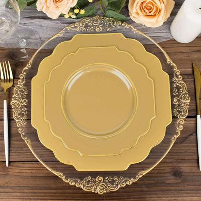 10-Pack Plastic Dessert Appetizer Plates in Gold Baroque Design with Scalloped Gold Rim - Heavy Duty Disposable Salad Plates 8"