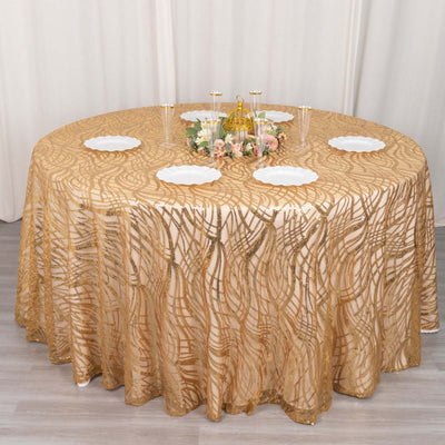 Sequin Mesh 120" Round Tablecloth Gold - Seamless Wave Embroidered Design for Stylish Events
