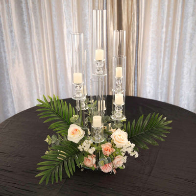 7-Arm Round Taper Crystal Candelabra with Mirror Base Clear - Lustrous Candle Holder Table Centerpiece for Votive & Pillar Candles 33"