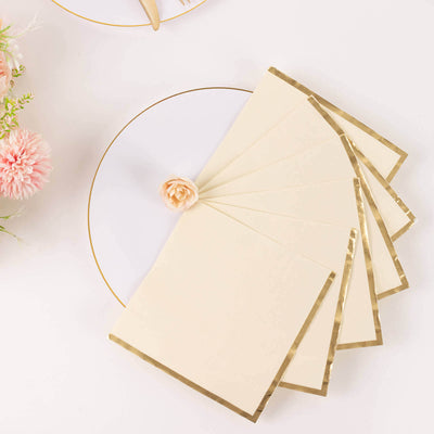 50-Pack Paper Beverage Napkins with Gold Foil Edge Ivory - Disposable 2 Ply Cocktail Napkins for Events 6.5"x6.5"