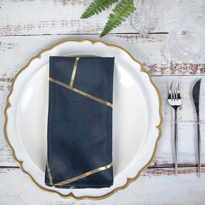 5 Pack Polyester 20"x20" Napkins Navy Blue with Gold Geometric Foil Pattern - Modern Reusable Dinner Napkins