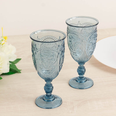 24-Pack Plastic Wine Glasses 10oz – Transparent Dusty Blue Vintage Goblets with Retro Embossed Design, Elegant Drinkware - 7" Tall