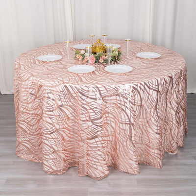 Sequin Mesh 120" Round Tablecloth Rose Gold - Seamless Wave Embroidered Table Cover