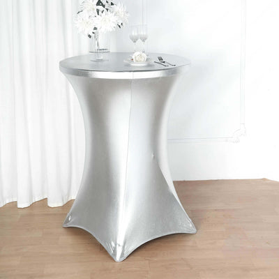 Metallic Spandex 30" Fitted Round Cocktail Table Cover Silver Highboy Tablecloth - Stretch Fit & Water-Resistant