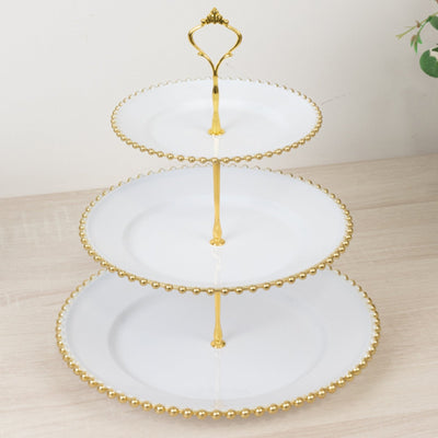 14" White 3-Tier Plastic Dessert Display Stand With Gold Beaded Rim, Round Cupcake Tower Tea Party Serving Platter With Top Handle