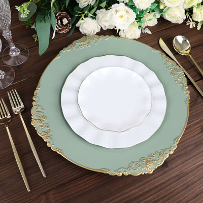 6-Pack Acrylic Round Charger Plates 13" in Dusty Sage Green with Gold Embossed Baroque Rim, Antique Decorative Dinner Party Charger Tableware