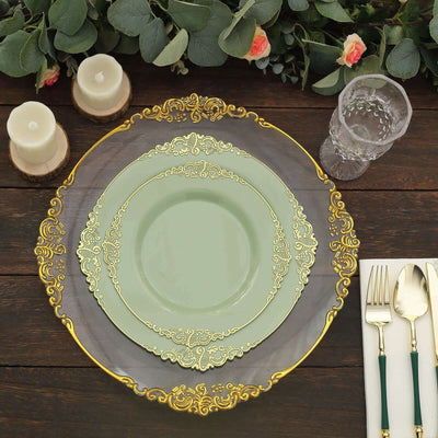 10-Pack Plastic 10" Round Dinner Plates in Sage Green with Gold Leaf Embossed Rim - Disposable Vintage Baroque Style Plates