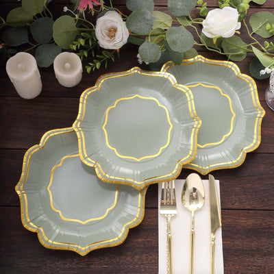 25-Pack Paper Dessert Plates in Sage Green with Gold Scallop Rim - Disposable 300GSM Appetizer Salad Plates 8"