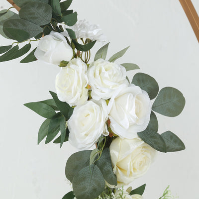 Set of 2 White Silk Rose Wedding Arch Flowers with Eucalyptus Leaves, Artificial Floral Swag Arrangement Party Decorations - 20",30"