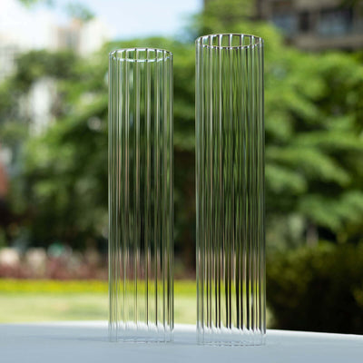 2-Pack Clear Ribbed Glass Hurricane Shades Open End Design - Stylish Candelabra Pillar Candle Holder Table Centerpiece 14"