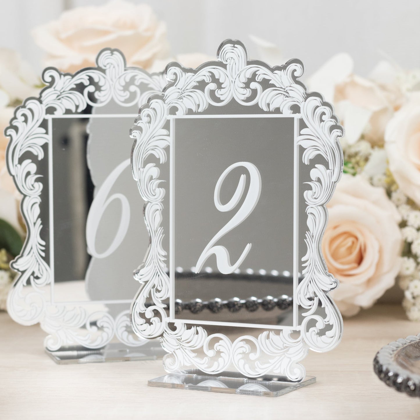 Silver Mirror Arch Acrylic Table Numbers (1-10) - 5"x7" Wedding Reception Signs with Baroque Lace Border, White Print & Stands