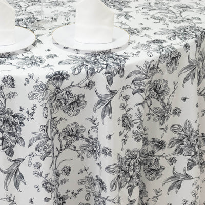 Polyester 120" Round Tablecloth White - Black French Toile Pattern for Chic Weddings