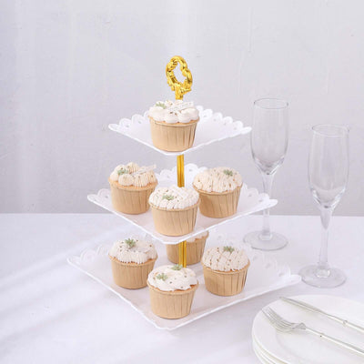 3-Tier Plastic Square Cupcake Stand Tower White - Charming Disposable Dessert Display Serving Tray Platter with Heart Wavy Edge & Gold Top Handle for Tea Parties Weddings & Special Occasions 13"