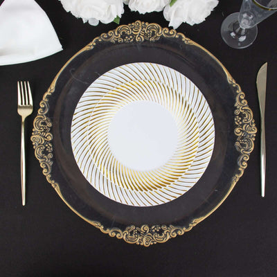 10-Pack Plastic 9" Round Dinner Plates White with Gold Swirl Rim - Disposable Party Plates