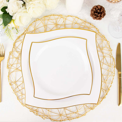 10-Pack Plastic 10" Square Dinner Plates in White with Gold Wavy Rim Modern - Disposable Party Plates for Luxe Events & Banquets