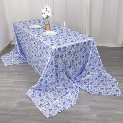 Satin Rectangular 90"x156" Tablecloth White/Blue French Toile Design - Seamless Stylish & Wrinkle-Resistant Table Cover