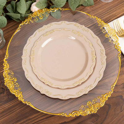 10-Pack Plastic 7" Round Dessert Plates in Taupe with Gold Vintage Embossed Rim - Sturdy Disposable Scalloped Edge Salad Plates