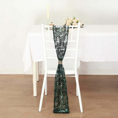 5 Pack Tulle Chair Sashes with Leaf Vine Embroidered Sequins Hunter Emerald Green 6"x88"