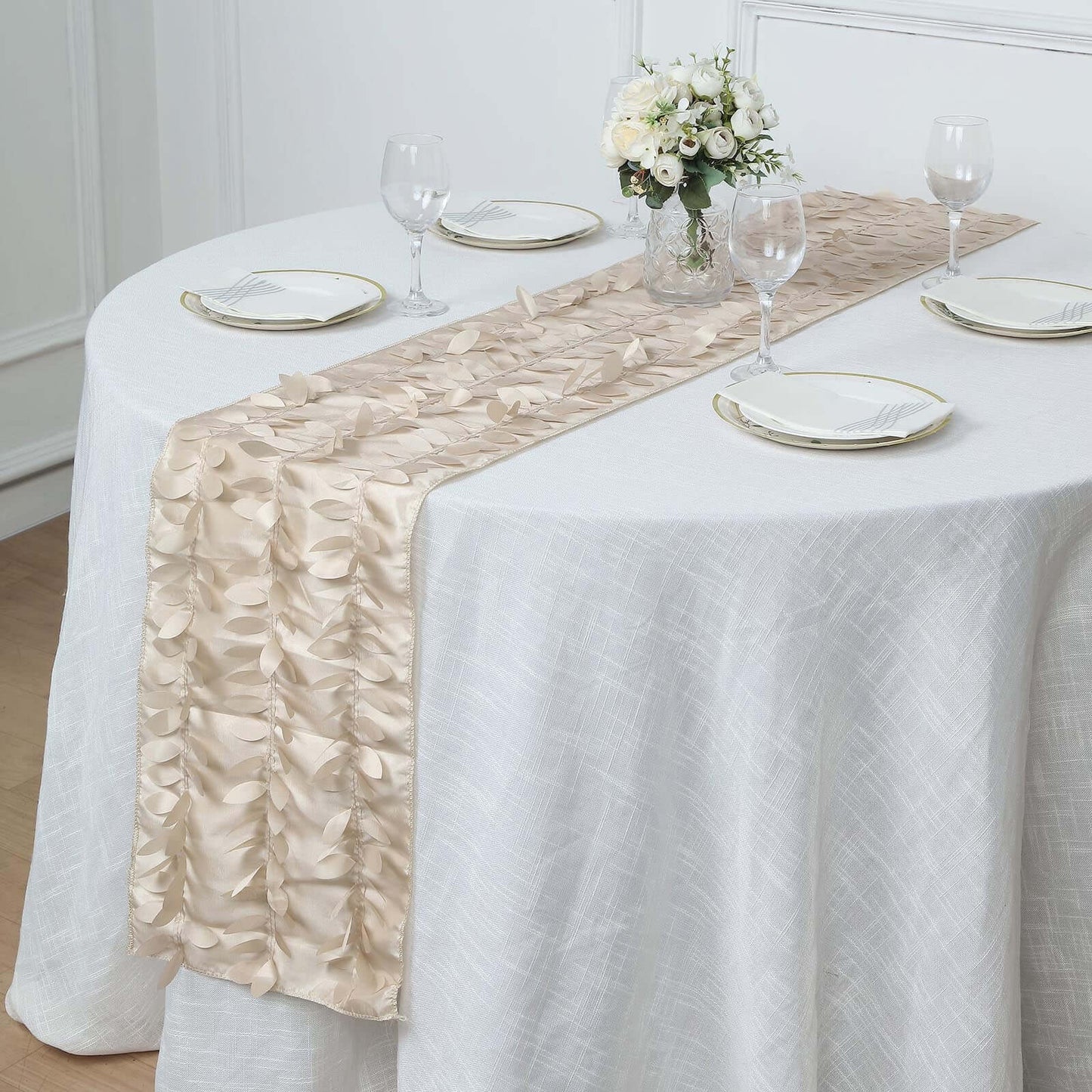 Taffeta Fabric 12"x108" Table Runner Beige - 3D Leaf Petal Design