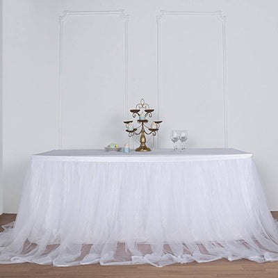 Extra Long Tulle 17ft Table Skirt White with Satin Edge - Table Cover for Baby Showers & Events - Linen Luxes