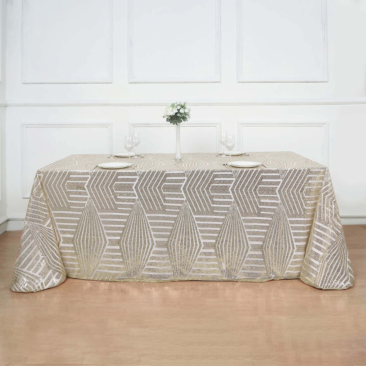 Sequin 90"x132" Rectangle Tablecloth Champagne - Seamless Diamond Design Table Cover
