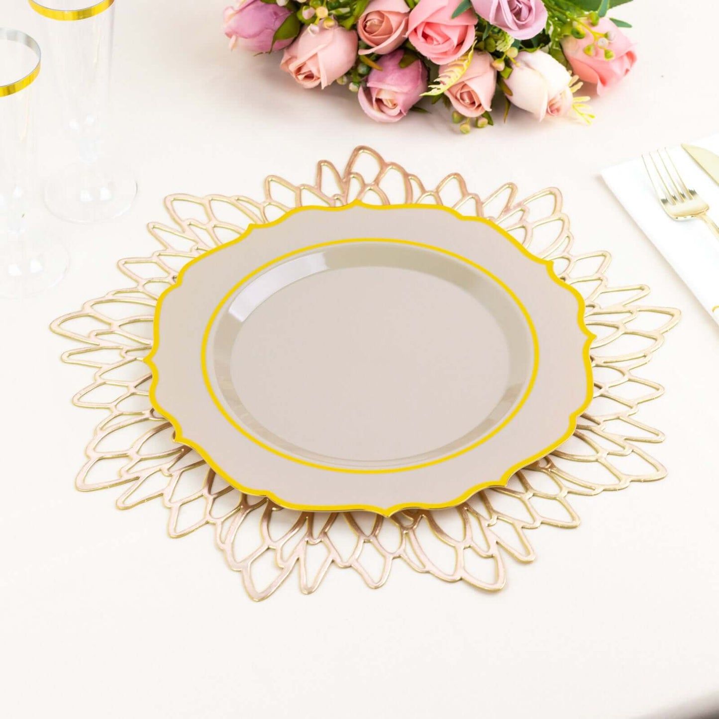10-Pack Plastic 8" Round Dessert Plates in Taupe with Gold Scalloped Rim - Disposable Appetizer/Salad Plates